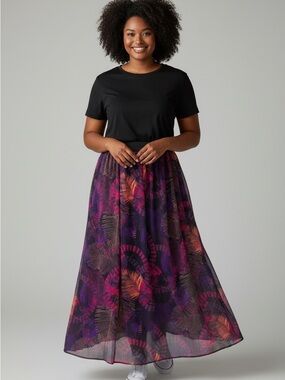 Additionelle  Maxi Printed Skirt in Purple Multi, Sheer with Lining